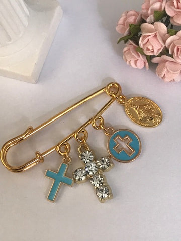 Broche ex voto, broche croix et médaille religieuse, cadeau pour femme, cadeau pour maman croix, cadeau cérémonie croix bleue, croix strass.