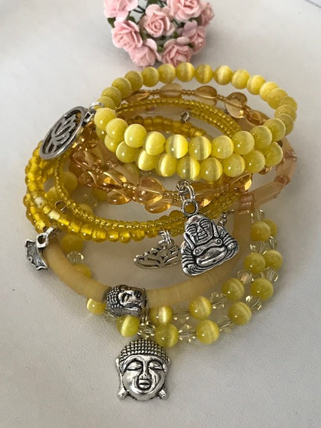 Bracelets semainier perles lotus main tête de bouddha, ton jaune