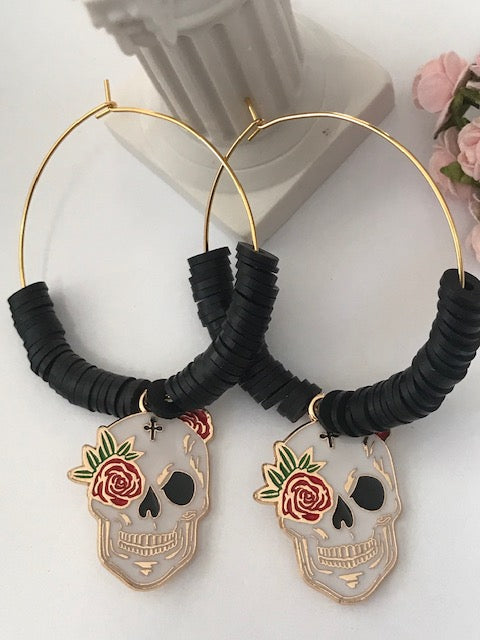 Boucles d'oreille créole tête de mort mexicaine, créoles perles et calavera noire, pendentif calavera kawaii, cadeau pour maman calavera