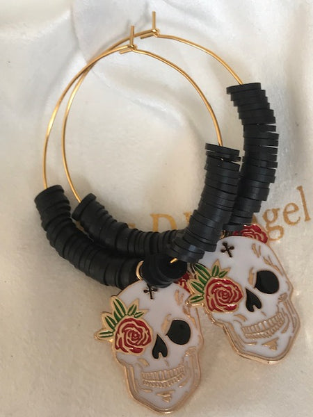 Boucles d'oreille créole tête de mort mexicaine, créoles perles et calavera noire, pendentif calavera kawaii, cadeau pour maman calavera