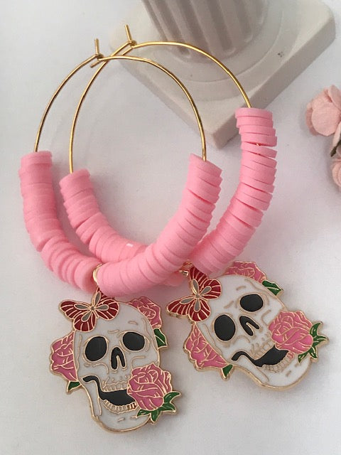 Boucles d'oreille créole tête de mort mexicaine, créoles perles et calavera rose, pendentif calavera kawaii, cadeau pour maman calavera rose