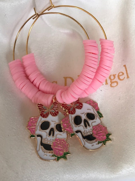 Boucles d'oreille créole tête de mort mexicaine, créoles perles et calavera rose, pendentif calavera kawaii, cadeau pour maman calavera rose