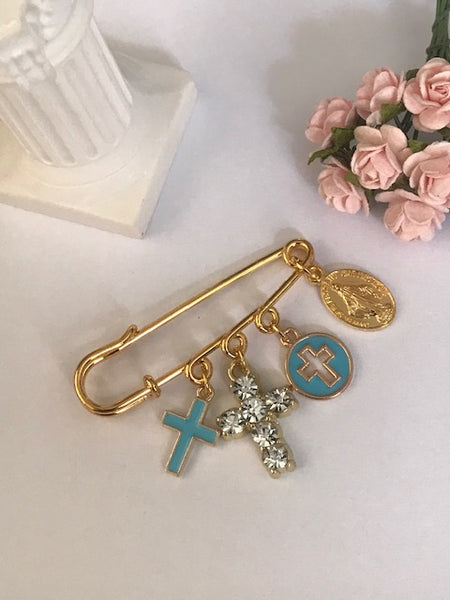 Broche ex voto, broche croix et médaille religieuse, cadeau pour femme, cadeau pour maman croix, cadeau cérémonie croix bleue, croix strass.