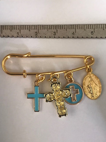 Broche ex voto, broche croix et médaille religieuse, cadeau pour femme, cadeau pour maman croix, cadeau cérémonie croix bleue, croix strass.