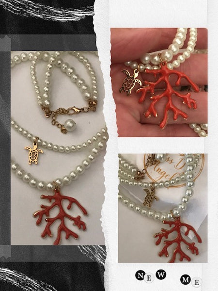 Collier de perles et corail, ras de cou en perles avec corail et tortue, collier été plage océan, cadeau pour maman océan corail tortue.