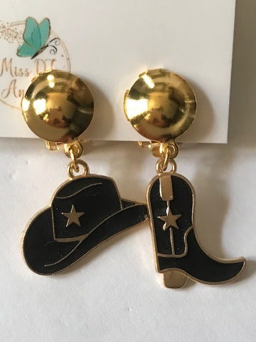 Boucles d'oreilles danse line country, boucles d'oreilles botte et chapeau cowboy, cadeau pour danseur line country, breloque botte sur clip