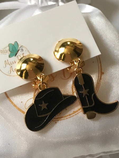 Boucles d'oreilles danse line country, boucles d'oreilles botte et chapeau cowboy, cadeau pour danseur line country, breloque botte sur clip