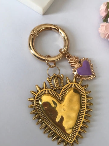 Charms ex voto coeur sacré, charms pour sac ex voto, cadeau pour femme charms coeur sacré, coeurs doré et violet charms.