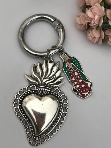 Charms ex voto coeur sacré, charms pour sac ex voto, cadeau pour femme charms coeur sacré, coeurs argenté et vierge marie charms.