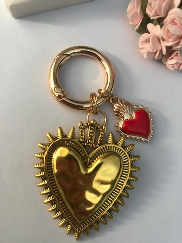 Charms ex voto coeur sacré, charms pour sac ex voto, cadeau pour femme charms coeur sacré, coeurs doré et rouge charms.