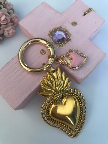 Charms ex voto coeur sacré, charms pour sac ex voto, cadeau pour femme charms coeur sacré, coeurs doré et rose charms.