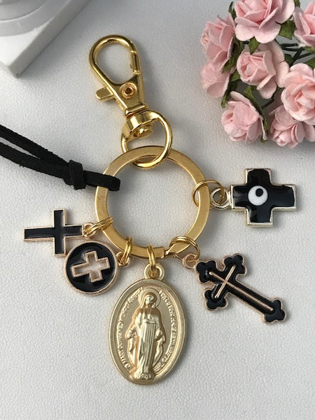 Porte-clés ex voto croix médaille religieuse