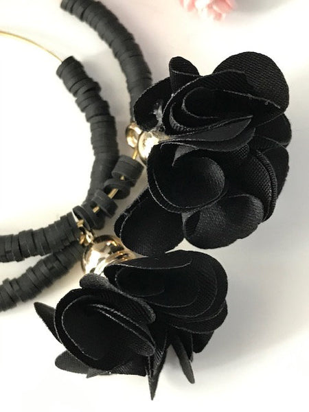 Créoles pompon noir perles heishis noires bohème