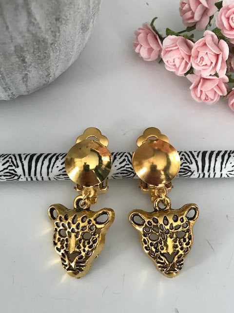 Clips d'oreilles tête de léopard dorés